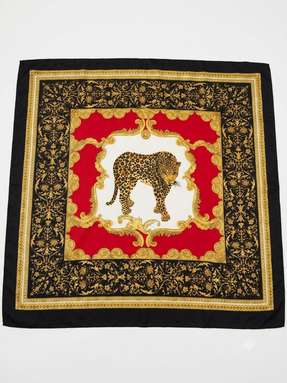 Vintage Inspired Leopard Chain Print Scarf - Red, Gold, Black, Oversized Square
